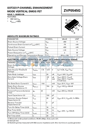 ZVP0545G datasheet - P-CHANNEL ENHANCEMENT MODE VERTICAL DMOS FET