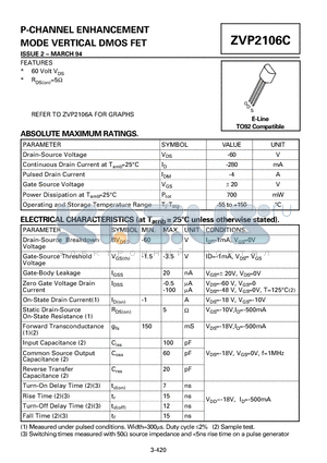 ZVP2106C datasheet - P-CHANNEL ENHANCEMENT MODE VERTICAL DMOS FET