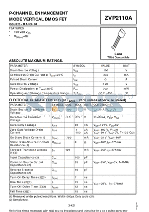 ZVP2110A datasheet - P-CHANNEL ENHANCEMENT MODE VERTICAL DMOS FET