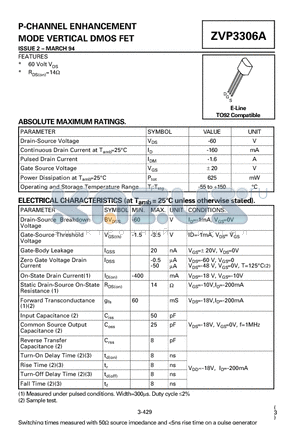 ZVP3306 datasheet - P-CHANNEL ENHANCEMENT MODE VERTICAL DMOS FET