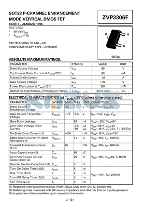 ZVP3306 datasheet - P-CHANNEL ENHANCEMENT MODE VERTICAL DMOS FET