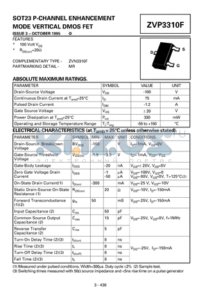 ZVP3310F datasheet - P-CHANNEL ENHANCEMENT MODE VERTICAL DMOS FET