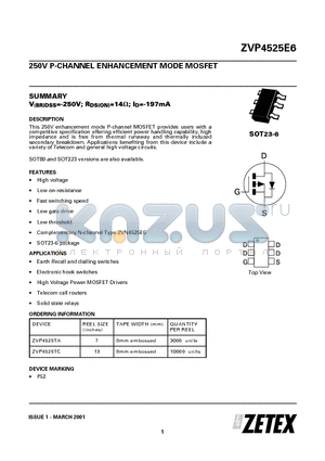 ZVP4525TA datasheet - P-CHANNEL ENHANCEMENT MODE MOSFET