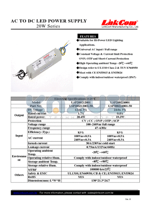 LSP200224001-50 datasheet - AC TO DC LED POWER SUPPLY