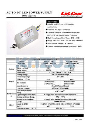 LSP400212001-50 datasheet - AC TO DC LED POWER SUPPLY