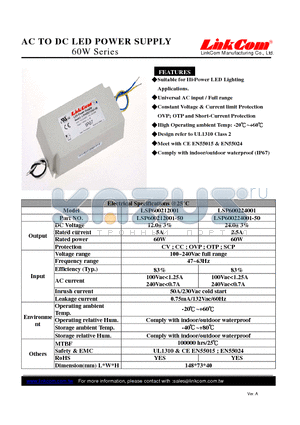 LSP600212001-50 datasheet - AC TO DC LED POWER SUPPLY