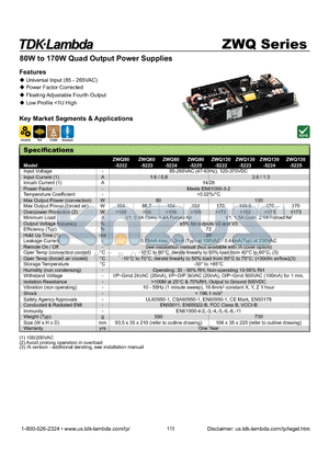 ZWQ80-5222 datasheet - 80W to 170W Quad Output Power Supplies