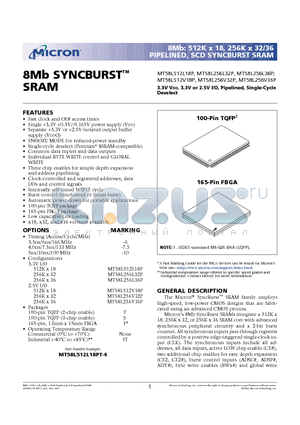 MT58L256L32P datasheet - 8Mb: 512K x 18, 256K x 32/36 PIPELINED, SCD SYNCBURST SRAM