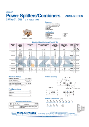 ZX10-2-12 datasheet - Power Splitters/Combiners 2 Way-0`, 50 2 to 12600 MHz