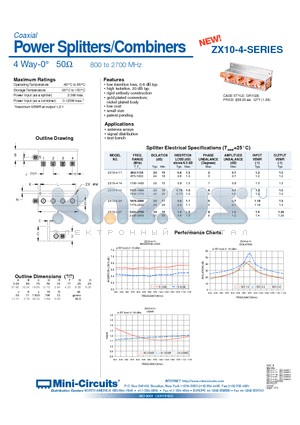 ZX10-4-19 datasheet - Power Splitters/Combiners 4 Way-0` 50 800 to 2700 MHz