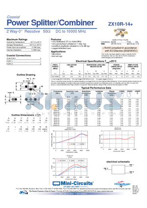 ZX10R-14 datasheet - Power Splitter/Combiner 2 Way-0 Resistive 50Y DC to 10000 MHz