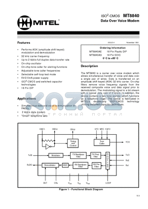 MT8840 datasheet - ISO2-CMOS Data Over Voice Modem