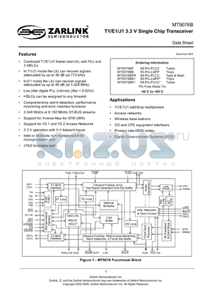MT9076BB1 datasheet - T1/E1/J1 3.3 V Single Chip Transceiver