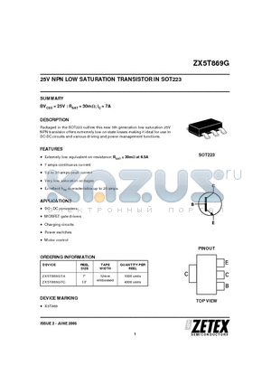 ZX5T869GTA datasheet - 25V NPN LOW SATURATION TRANSISTOR IN SOT223