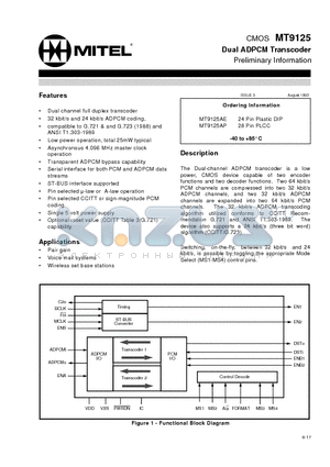 MT9125 datasheet - CMOS Dual ADPCM Transcoder