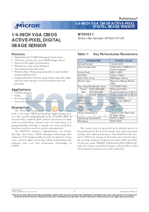 MT9V011 datasheet - 1/4-INCH VGA CMOS ACTIVE-PIXEL DIGITAL IMAGE SENSOR