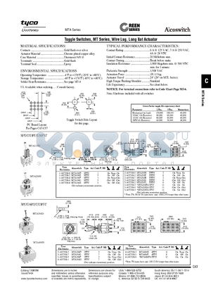 MTA datasheet - Toggle Switches, MT Series, Wire Lug, Long Bat Actuator