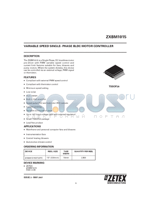 ZXBM1015 datasheet - VARIABLE SPEED SINGLE- PHASE BLDC MOTOR CONTROLLER