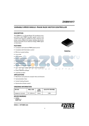 ZXBM1017 datasheet - VARIABLE SPEED SINGLE- PHASE BLDC MOTOR CONTROLLER
