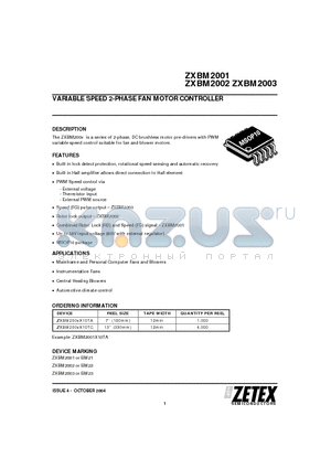 ZXBM2002 datasheet - VARIABLE SPEED 2-PHASE FAN MOTOR CONTROLLER