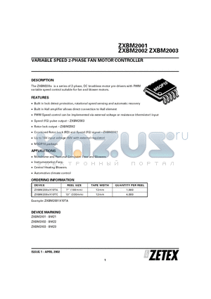 ZXBM2003X10TC datasheet - VARIABLE SPEED 2-PHASE FAN MOTOR CONTROLLER