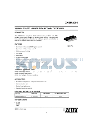 ZXBM2004 datasheet - VARIABLE SPEED 2-PHASE BLDC MOTOR CONTROLLER