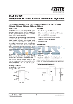 ZXCL5213V25H5TA datasheet - Micropower SC70-5 & SOT23-5 low dropout regulators