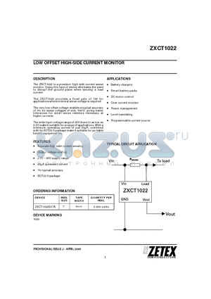 ZXCT1022 datasheet - LOW OFFSET HIGH-SIDE CURRENT MONITOR