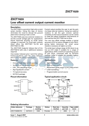 ZXCT1020 datasheet - Low offset current output current monitor