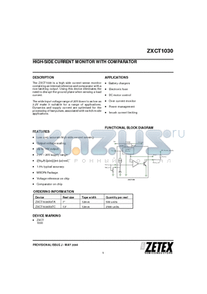 ZXCT1030 datasheet - HIGH-SIDE CURRENT MONITOR WITH COMPARATOR