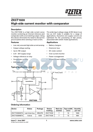ZXCT1030X8TA datasheet - High-side current monitor with comparator
