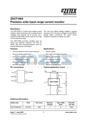 ZXCT1050 datasheet - Precision wide input range current monitor