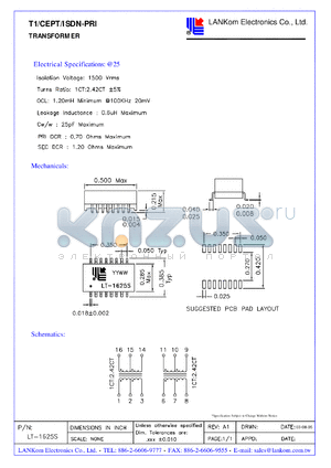 LT-1625S datasheet - T1/CEPT/ISDN-PRI TRANSFORMER