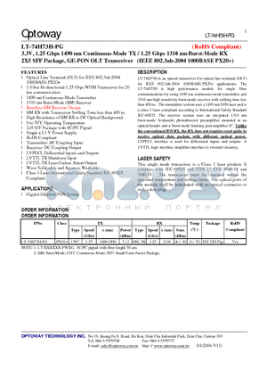 LT-74H73H-PG datasheet - 3.3V, 1.25 Gbps 1490 nm Continuous-Mode TX / 1.25 Gbps 1310 nm Burst-Mode RX 2X5 SFF Package, GE-PON OLT Transceiver