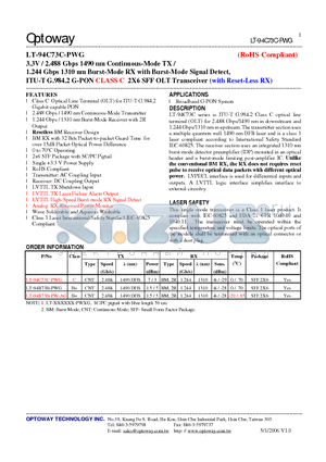 LT-94B73B-PWG datasheet - 3.3V / 2.488 Gbps 1490 nm Continuous-Mode TX
