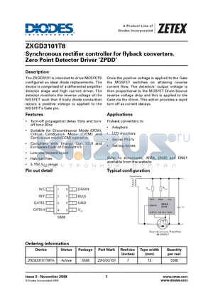 ZXGD3101T8 datasheet - Synchronous rectifier controller for flyback converters