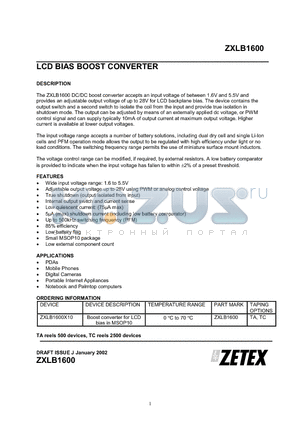 ZXLB1600X10 datasheet - LCD BIAS BOOST CONVERTER