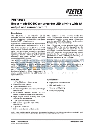 ZXLD1321 datasheet - Boost mode DC-DC converter for LED driving with 1A output and current control