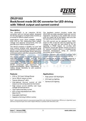 ZXLD1322 datasheet - Buck/boost mode DC-DC converter for LED driving with 700mA output and current control