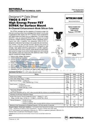 MTB3N100E datasheet - TMOS POWER FET 3.0 AMPERES 1000 VOLTS