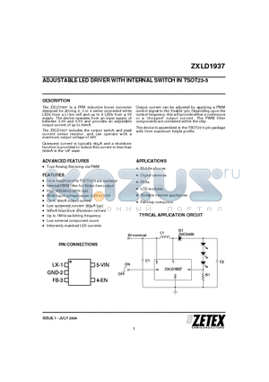 ZXLD1937 datasheet - ADJUSTABLE LED DRIVER WITH INTERNAL SWITCH IN TSOT23-5