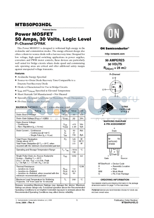 MTB50P03HDLT4 datasheet - Power MOSFET 50 Amps, 30 Volts, Logic Level P−Channel D2PAK