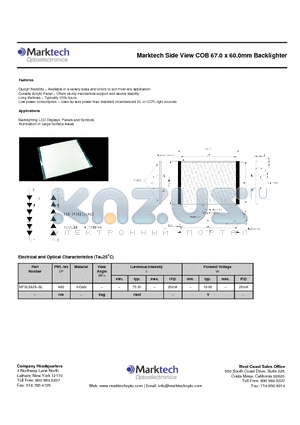 MTBL8628-BL datasheet - Marktech Side View COB 67.0 x 60.0mm Backlighter