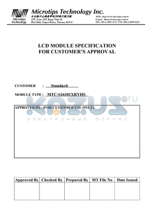 MTC-S16101XRYHS datasheet - LCD MODULE SPECIFICATION FOR CUSTOMERs APPROVAL