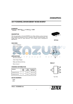 ZXM62P03GTC datasheet - 30V P-CHANNEL ENHANCEMENT MODE MOSFET