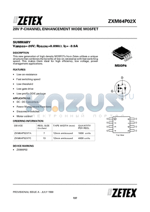 ZXM64P02XTA datasheet - 20V P-CHANNEL ENHANCEMENT MODE MOSFET