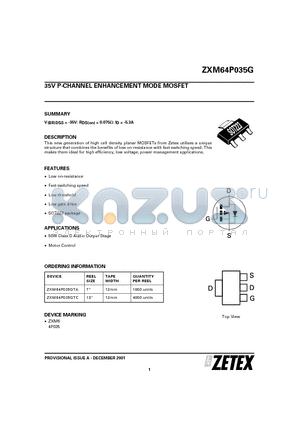 ZXM64P035GTC datasheet - 35V P-CHANNEL ENHANCEMENT MODE MOSFET