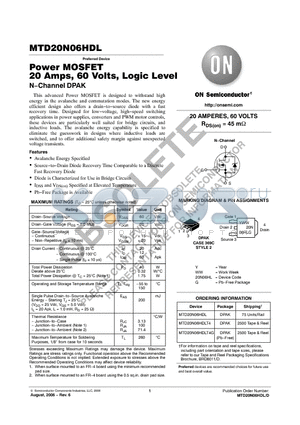 MTD20N06HDL datasheet - Power MOSFET 20 Amps, 60 Volts, Logic Level N−Channel DPAK