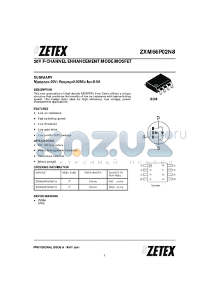ZXM66P02N8TA datasheet - 20V P-CHANNEL ENHANCEMENT MODE MOSFET