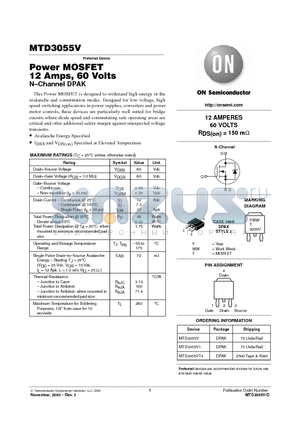 MTD3055V1 datasheet - Power MOSFET 12Amps, 60 Volts